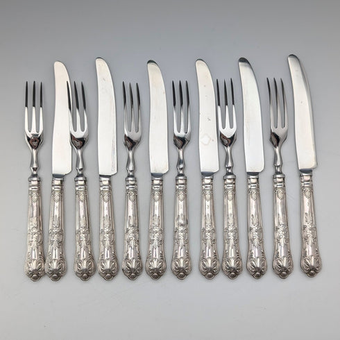 約 1974 年英國復古純銀手柄茶刀和叉 6 對哈里森兄弟茶刀盒